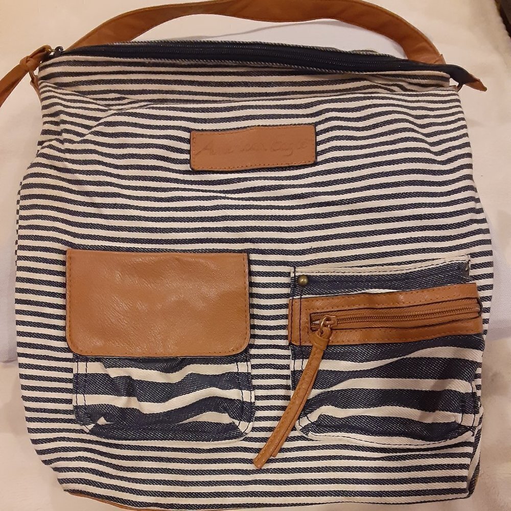 American Eagle Blue & White Stripe Purse w/Single Strap & Zipper Closure.